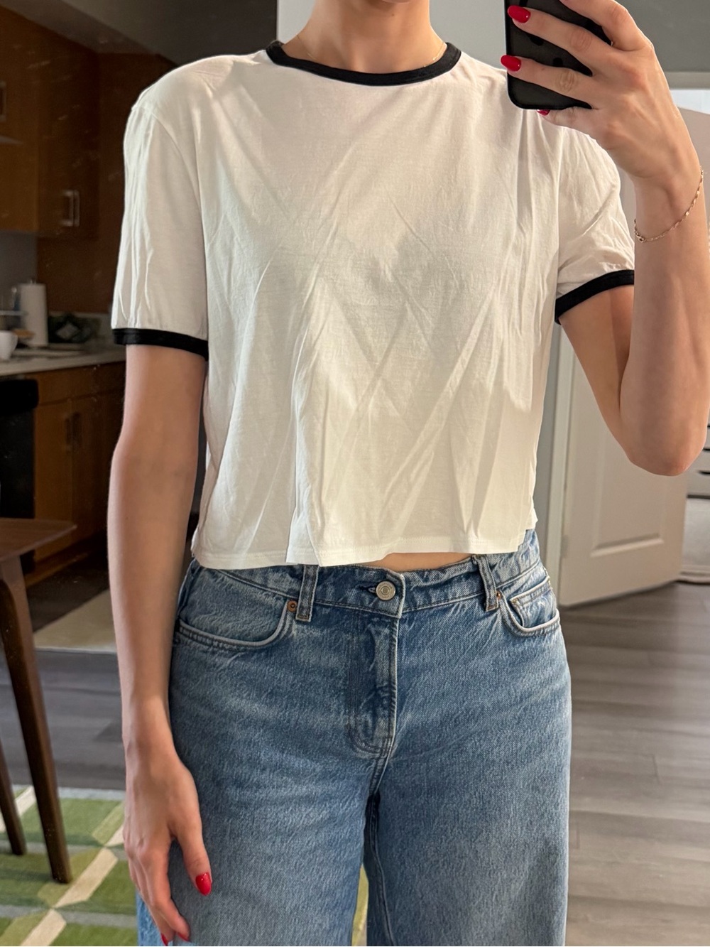 Theory White Crop Tee with Black Trim
